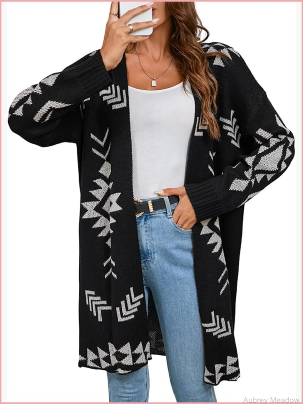 Oversized Geometric Long Cardigan Open Front V-Neck
